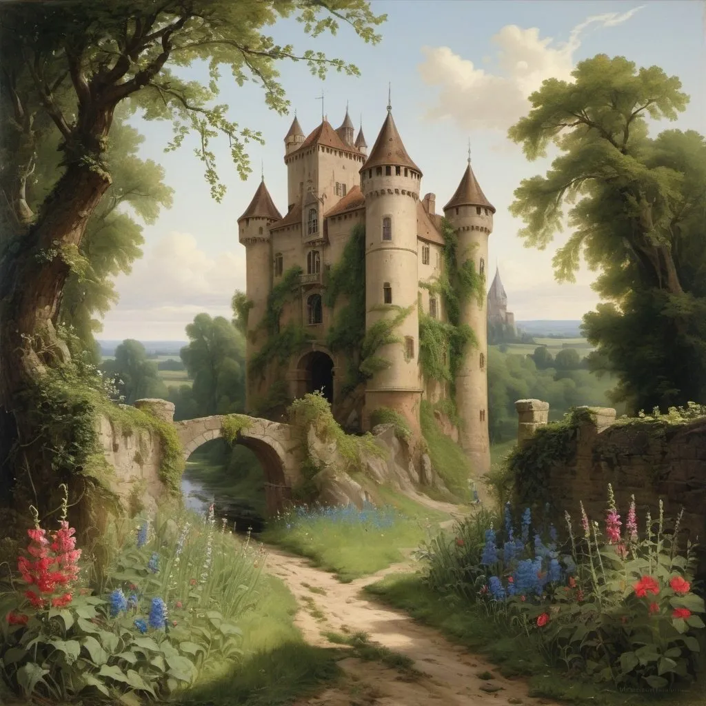 Prompt: a painting of a castle  overgrown with vines and wildflowers  with a path leading to it and flowers in front of it and a fence and a stream in a field with flowers and trees around, The castle itself  though old and ruined in many parts had evidently been at one time a place of considerable strength, in the style of Carl Heinrich Bloch, blending the American Barbizon School and Flemish Baroque influences.  
