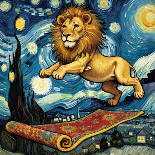Prompt: a Lion flying on a "magic carpet" in "The Starry Night" by Vincent van Gogh