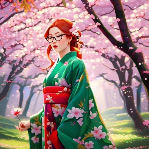 Prompt: ((25-year-old woman, green eyes. cover with dark freckle. wearing lipstick red. purple broad rimmed eyeglasses.) in a kimono, serene forest setting, full-body shot,  long ginger hair ginger in a French braid.  open eyes, detailed, traditional Japanese art style, vibrant colors, peaceful atmosphere, cherry blossom trees, elegant pose, long flowing sleeves, serene expression, atmospheric lighting, professional, too small clothing <mymodel>