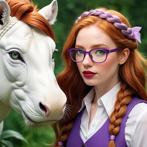 Prompt: a lion, a bull,  a tiger,  a rhinoceros,  a hippopotamus, and an unicorn go on a quest to save a ((25-year-old Princess with green eyes. cover with dark freckle. long ginger hair ginger in a French braid. wearing lipstick red. broad rimmed eyeglasses purple. )) from being eat by a  tyrannosaurus