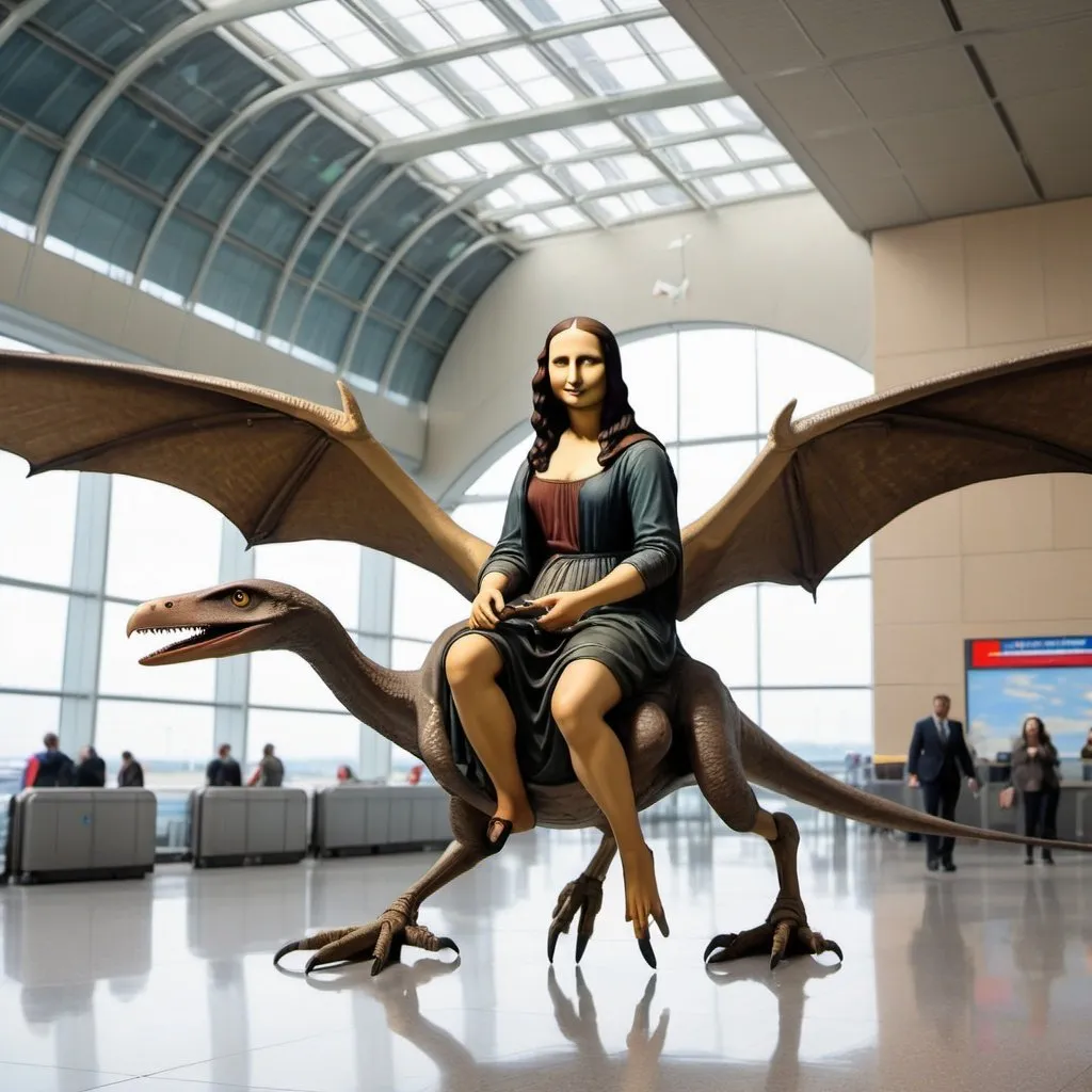 Prompt: Mona Lisa  riding a Pterodactyl in  an airport