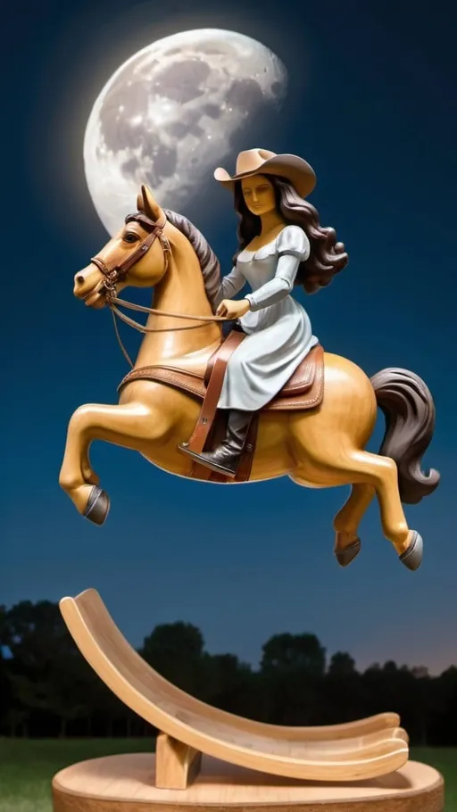 Prompt: Mona Lisa wearing cowboy hat riding a airborne  rocking horse, attach to wood rocker, that is jumping over the Moon.