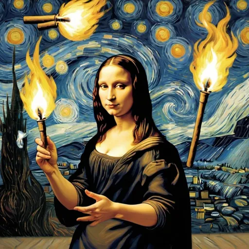 Prompt: Mona Lisa juggling torches in  "The Starry Night" by Vincent van Gogh