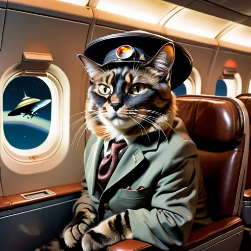 Prompt: a  anthropomorphic Tortoiseshell  cat sitting on an airplane seat with a hat on his head and a attacking UFO in the night shy in the background with a window, Annie Leibovitz, precisionism, promotional image, an art deco painting