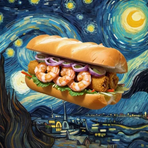 Prompt: A " fry shrimp Po boy" flying on a "magic carpet" in "The Starry Night" by Vincent van Gogh