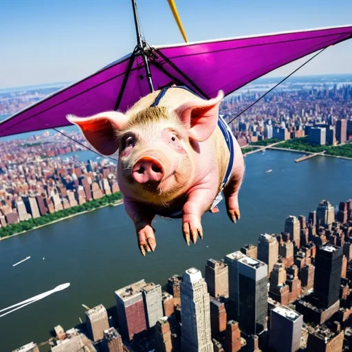 Prompt: a  pig ,  flying over New York city  on hang glider, 