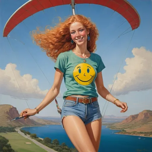 Prompt: a full-length portrait painting, Helen of Troy, 
hang gliding,
cover with dark freckle,
green eyes, 
long ginger hair
a smile on her face, 
 gold-earrings-with-a-smiley-face- ON-them
smiley-face  t-shirt, 
long blue jean,
red and blue tennis shoes,
1970s oil painting,

