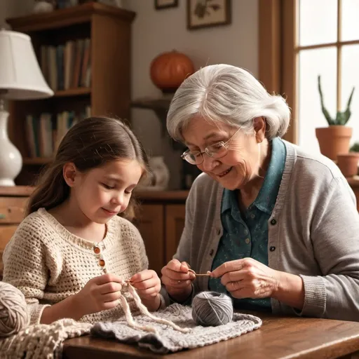 Prompt: "A heartwarming scene where a grandmother is teaching her granddaughter how to crochet. The setting is cozy and filled with warmth, showcasing the bond and joy of passing down skills through generations."

