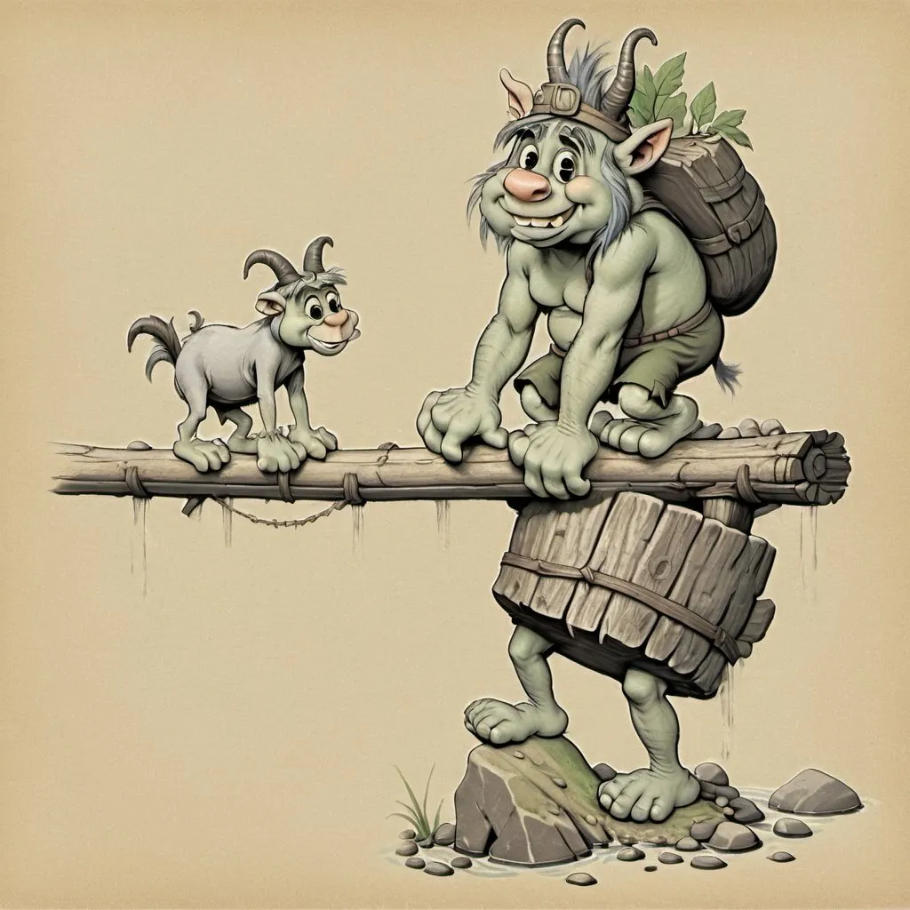 Prompt: a drawing of a troll  blocking a goat from crossing a  log  bridge. the  troll  is standing on a rock in river bed under the bridge,  troll 's torso under the bridge.  troll 's  neck is even with  troll 's hands is on the bridge, the troll 's nose  is blocking  the bridge the bridge,  troll 's head is over the bridge.  a storybook illustration

 image from  Tales and tags; rhymes by [Latham, Azubah Julia] (1918)