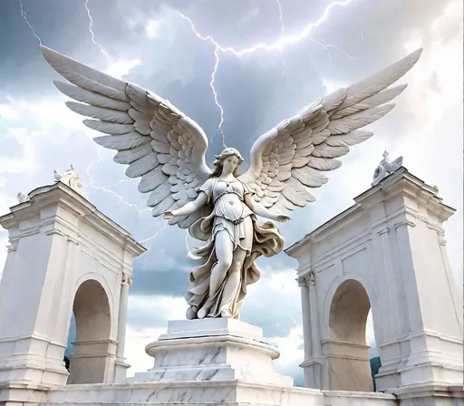 Prompt: White Marble statue of a Guardian Angel standing on a rock,  background a  frightening thunderstorm with lightning in the sky, high quality, classical sculpture,  detailed features, white marble, elegant pose, graceful, soft lighting, realistic details, classical art, serene expression, lifelike, smooth curves,  ancient beauty, classical, sophisticated, traditional sculpture, elegant, natural lighting

<original image done with my Model: My holy art Mode>
