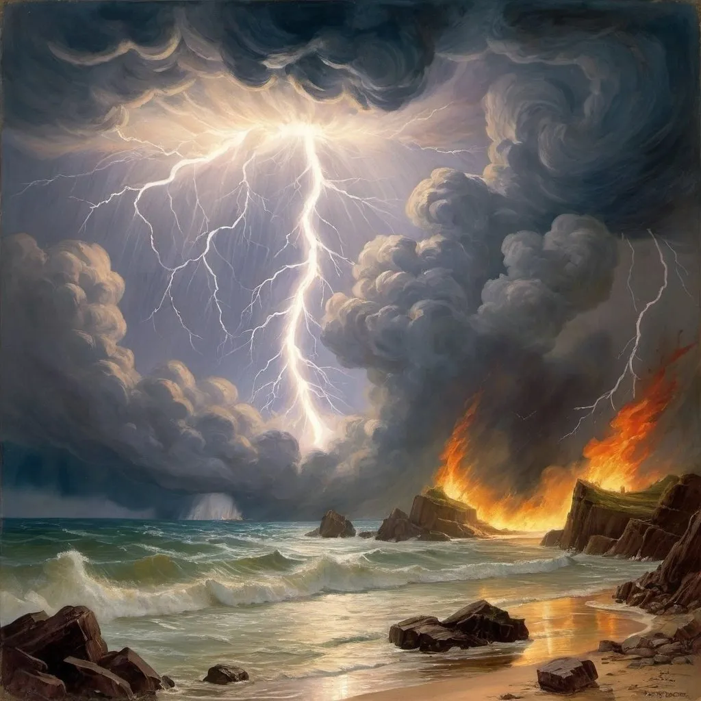 Prompt: a painting of "The tempest broke with a sudden fury; the heavens were lit up by a continuous blaze of lightning, and the thunder pealed with appalling force." L. Frank Baum, The Wonderful Wizard of Oz (1900)