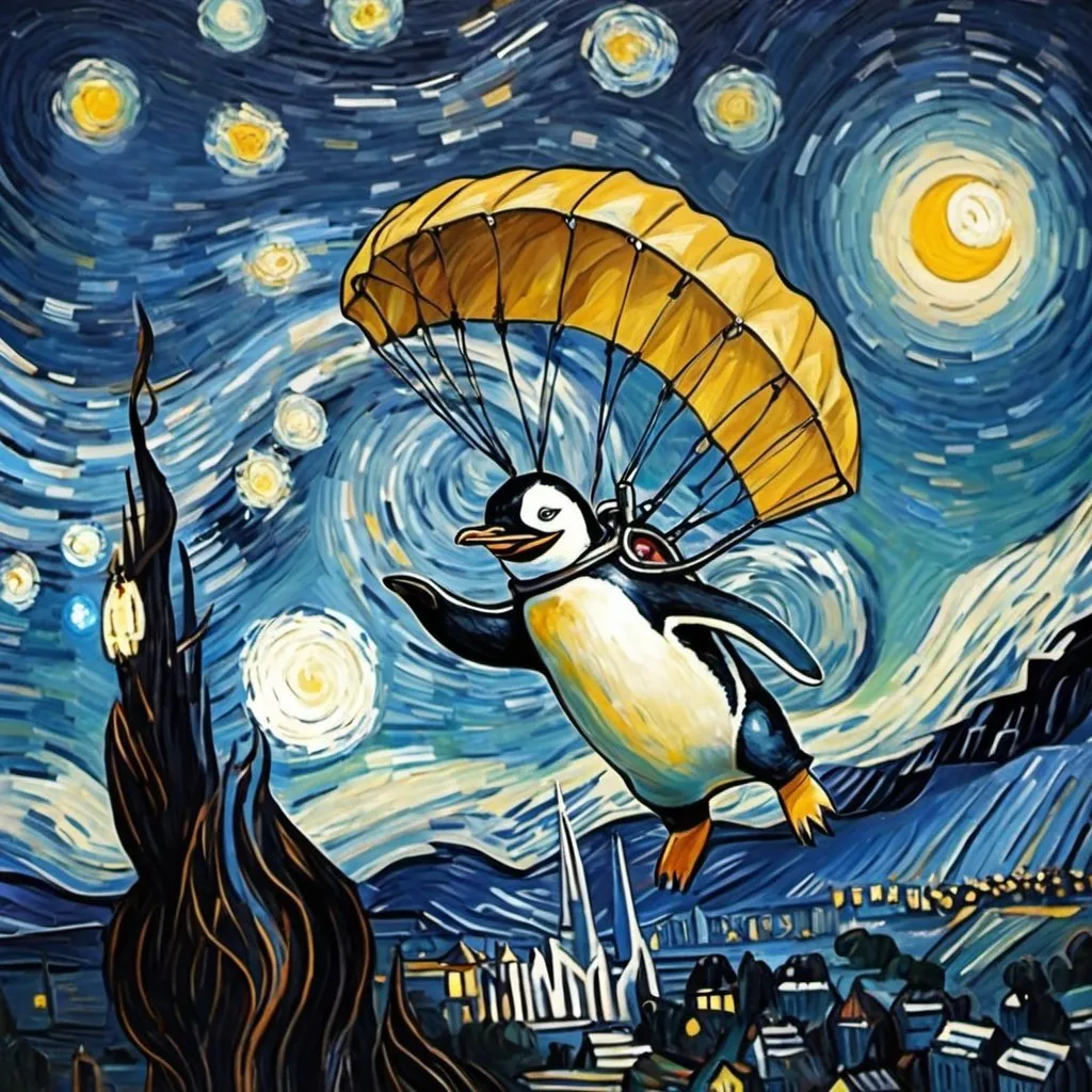 Prompt: a penguin skydiving  in "The Starry Night" by Vincent van Gogh