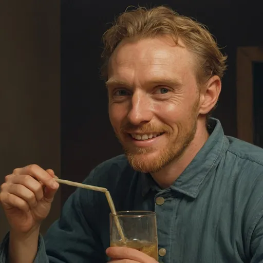 Prompt: Vincent van Gogh smiling while drinking through a straw stuck in an open glass bottle that is wrap in a brown paper, in "The Starry Night"