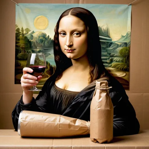 Prompt: Mona Lisa drinking straight from a "wine bottle that is wrap in a brown paper."