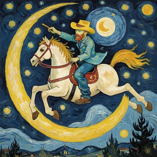 Prompt: a Vincent van Gogh  wearing a cowboy hat  riding a rocking horse that is jumping over the Moon.  in  "The Starry Night" by Vincent van Gogh