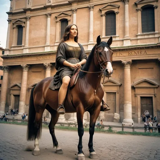 Prompt: Mona Lisa riding a horse in  the ancient city of Rome