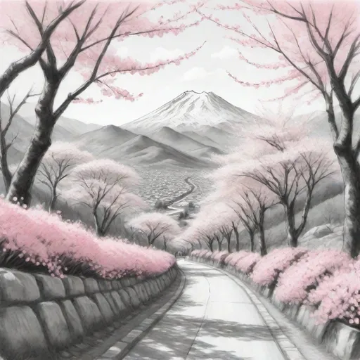 Prompt: A very rough pencil sketch of a road in a lovely cherry blossom forest  with a mountain in the background and pink flowers on the trees lining the path and a city in the distance,  black and white, 