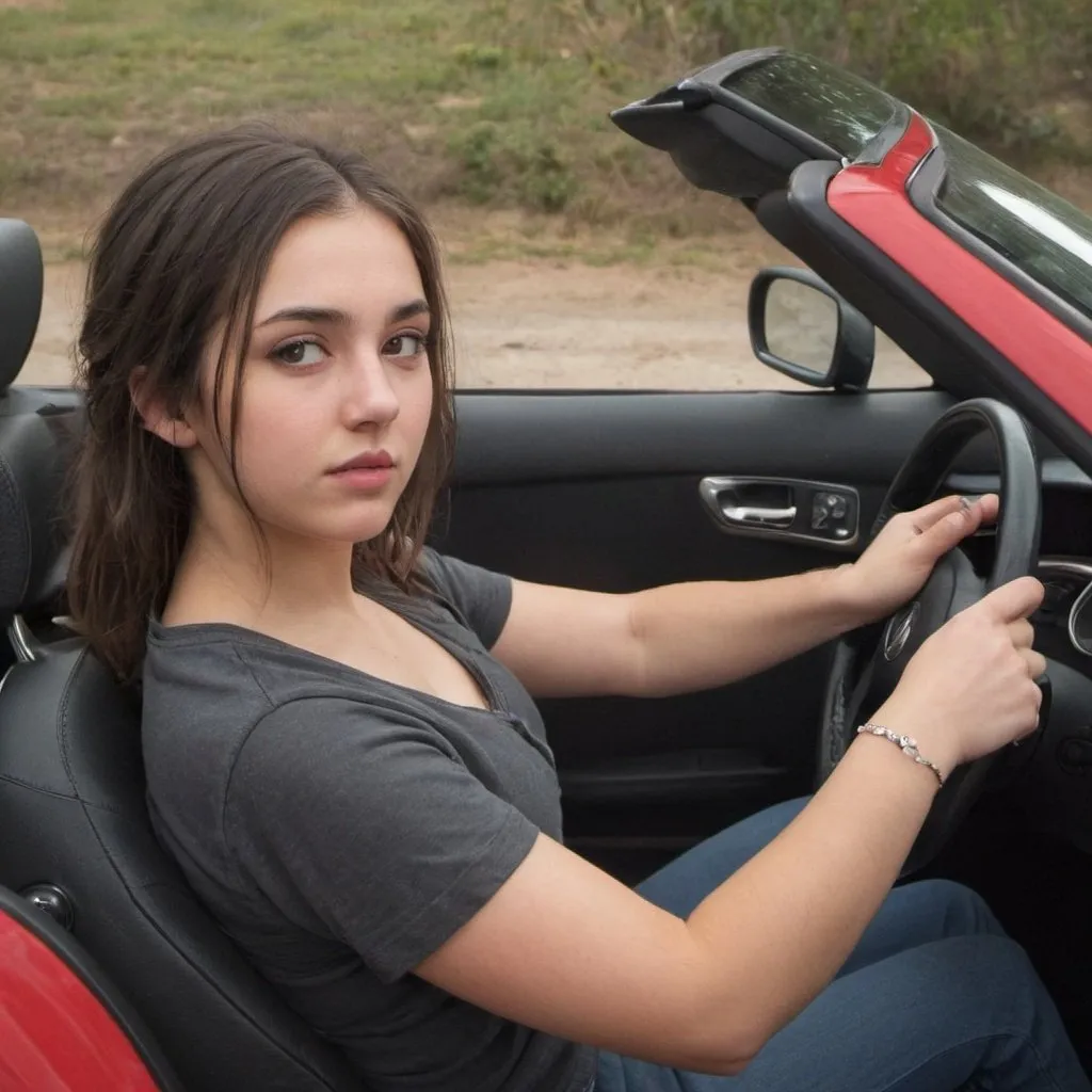 Prompt: [21 year-old college MAN is driving a convertible with hand on steering wheel] in the  there is 21 year-old Helen of Troy,
