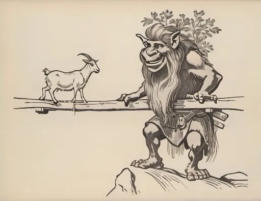 Prompt: a drawing of a troll  blocking a goat from crossing a  log  bridge. the  troll  is standing on a rock in river bed under the bridge,  troll 's torso under the bridge.  troll 's  neck is even with  troll 's hands is on the bridge, the troll 's nose  is blocking  the bridge the bridge,  troll 's head is over the bridge.  a storybook illustration

 image from  Tales and tags; rhymes by [Latham, Azubah Julia] (1918)