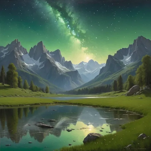 Prompt: looking east  In foreground there is green meadows and large reflecting lake the distended horizons of rugged mountains with snow on the peaks The sky is completely clear of clouds the sky is fill with the stars, milky way  to the east there is a  very bright green bolide  falling. UHD, 64K, professional oil painting in the style of Carl Heinrich Bloch, blending the American Barbizon School and Flemish Baroque influences.
