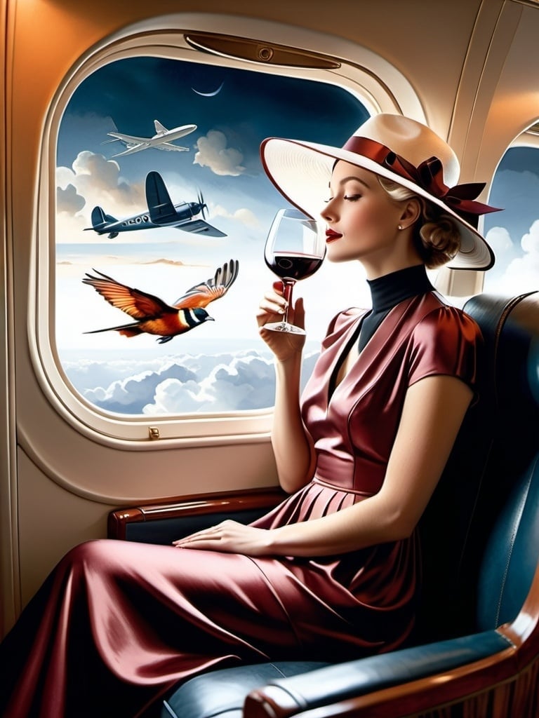 Prompt: a 21-year-old woman in a long flower print Empire Dress with a high neck line and white hat  sitting on an airplane seat with a hat on her head, drinking red wine, and an anthropomorphic flying tortoiseshell cat  in the night shy in the background with a window, Annie Leibovitz, precisionism, promotional image, an art deco painting