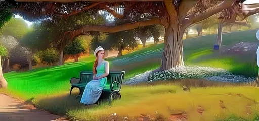 Prompt: professional painting of  beautiful 25-year-old woman long hair ginger in a French braid a white hat long cotton flower print Empire Dress with a high neck line) sitting on a  green bench sitting under a tree on a lush green hillside next to a sidewalk and a sidewalk with a sidewalk,  realistic painting, HDR, UHD, 64K