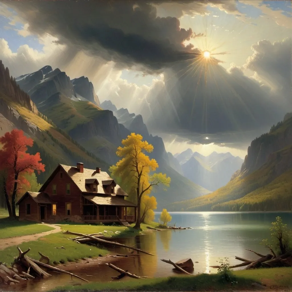 Prompt: painting of  a house  by a lake with mountains in the background and a sun above it, Albert Bierstadt, american scene painting, stormy weather, a professional  fine art painting