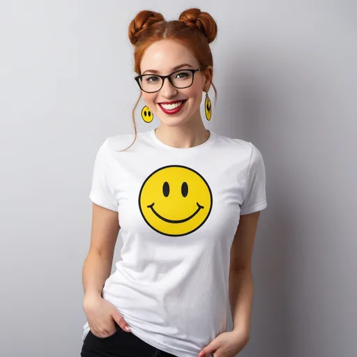 Prompt: 25-year-old woman, green eyes. cover with dark freckle. long ginger hair ginger in a French braid. wearing lipstick red. broad rimmed eyeglasses purple

the is  woman wearing a white t-shirt. 

the  t-shirt has a yellow smiley face with two eyes and a smile on it's face, with a black outline, Dave Gibbons, naive art, smile, a digital rendering

 the woman is wearing  earrings.

the earrings has a yellow smiley face with two eyes and a smile on it's face, with a black outline, Dave Gibbons, naive art, smile, a digital rendering

on the beach, looking very excited at an attacking UFO







