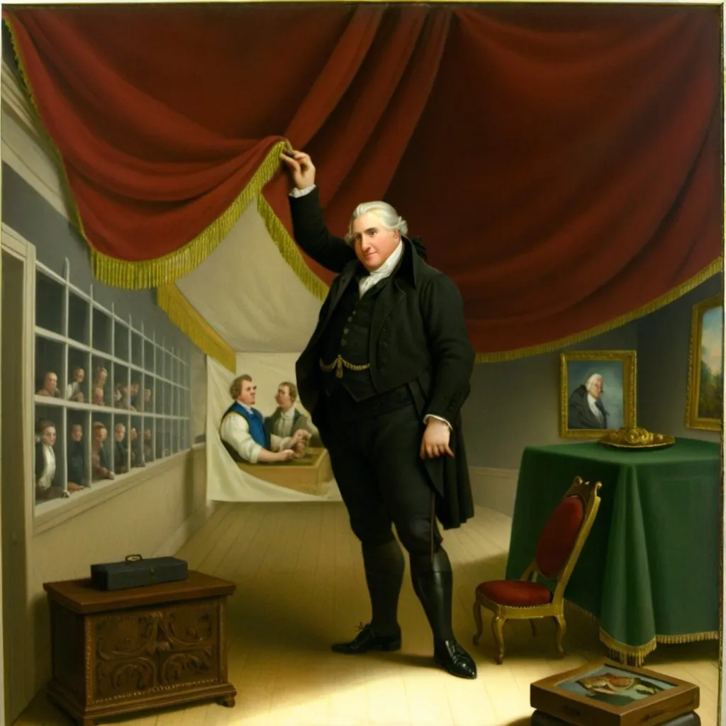 Prompt: a painting of a Charles Willson Peale  in a room. He is raising up with his a hand  red fabric room divider,  to reveal his Museum.  The room divider is  hanging from the ceiling running wall to wall.  the room divide look like a curtain.   the room divider has gold fringe. A painting  by  Charles Willson Peale, american scene painting, painting, a painting