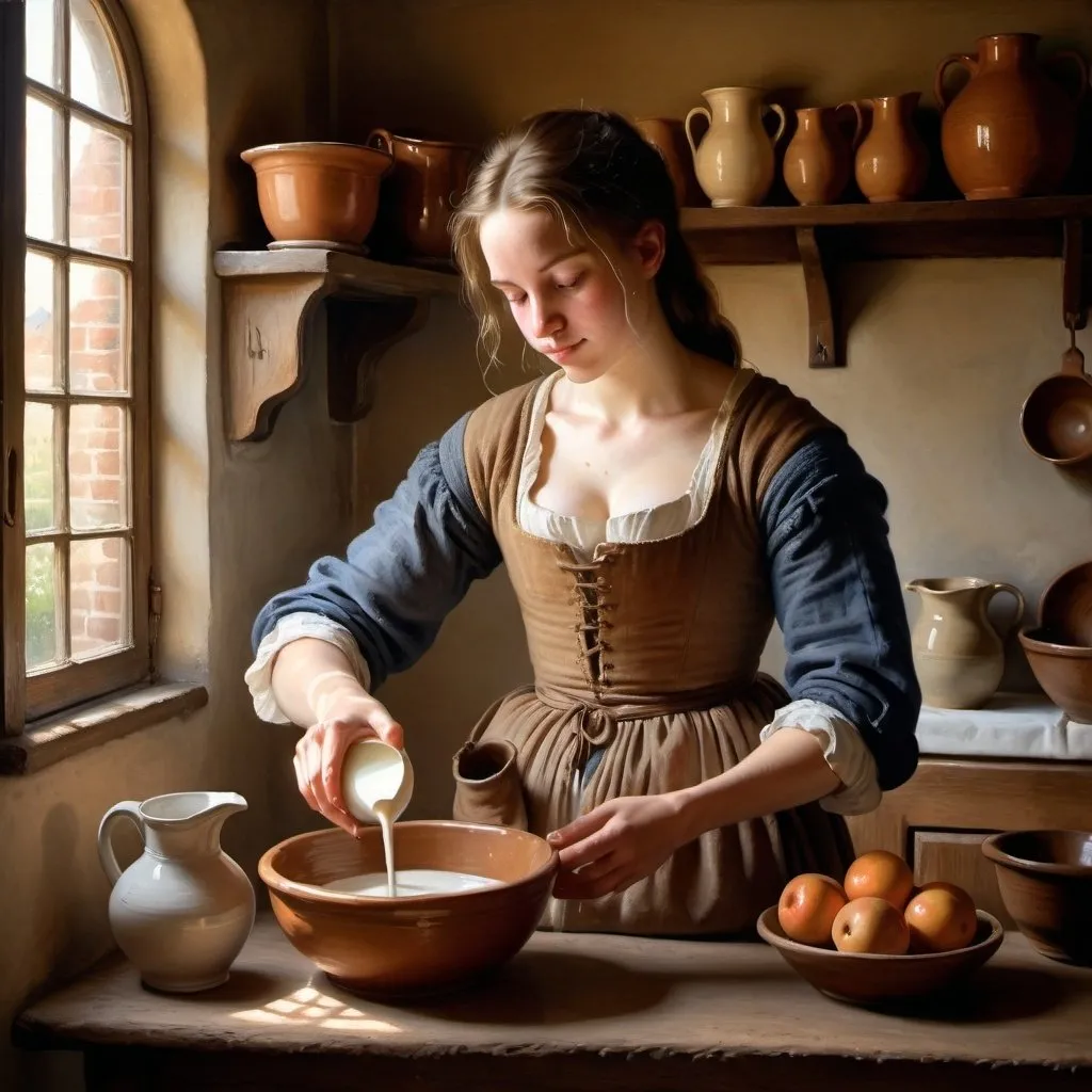 Prompt: A painting of A robust young woman   pouring milk from a French  Stoneware Jug in to a bowl, with soft, natural light filtering through a window. The setting is a modest humble 17th-century Dutch  kitchen, with rich, warm hues for the clothing and cool, muted tones for the background, rendered in exquisite realism.