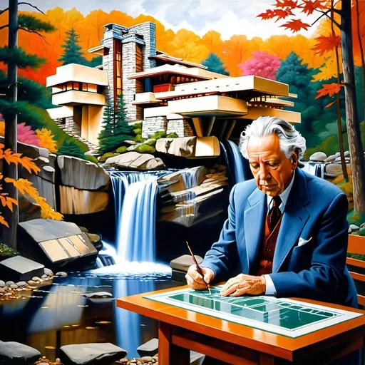 Prompt:  painting of frank lloyd wright drawing the blueprint for Fallingwater ,precisionism, giantess art, a hyperrealistic painting