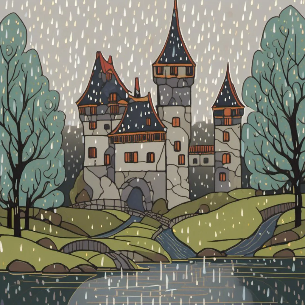 Prompt: <mymodel> an image of a  rainy day outside a  Castle by a lake.