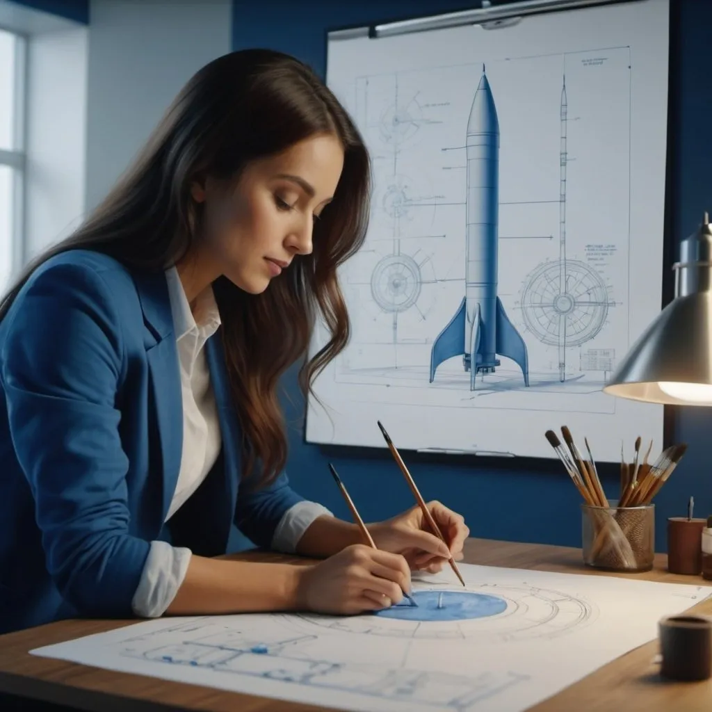 Prompt: painting of a woman drawing a blueprint as she is working as  an Aerospace Engineer designing a rocket in an office ,Leonardo da Vinci, UHD, 64K