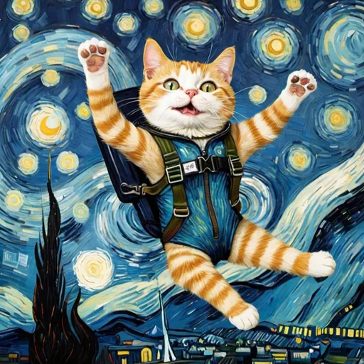 Prompt: a cat skydiving  in "The Starry Night" by Vincent van Gogh