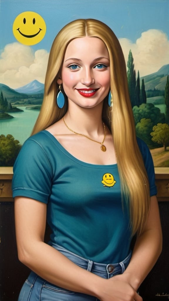 Prompt: a full-length portrait painting,
Mona Lisa,
cover with dark freckle,
blue eyes,
long blonde hair,
red lipstick,
a smile on her face, 
gold-earrings-with-a-smiley-face- ON-them,  
smiley-face-T-shirt, 
long blue jean,
with a green background and a blue sky,
1970s oil painting,

