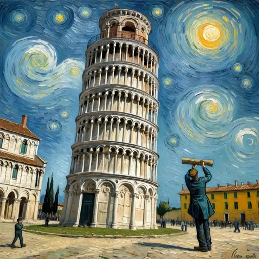 Prompt: "Vincent van Gogh"  knocking over the leaning tower of pisa