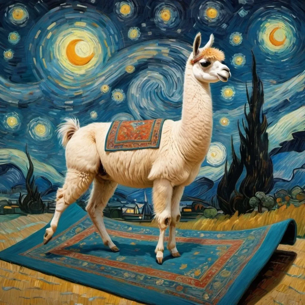 Prompt: A llama flying on a "magic carpet" in "The Starry Night" by Vincent van Gogh