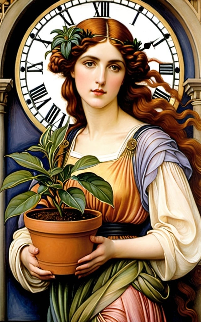 Prompt: a painting of a woman holding a potted plant in her hands and a clock in her hand,, Evelyn De Morgan, pre-raphaelitism, pre - raphaelite, an art deco painting