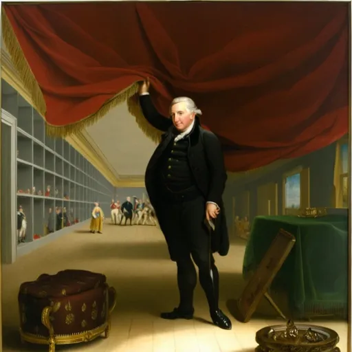 Prompt: a painting of a Charles Willson Peale  in a room. He is raising up with his a hand  red fabric room divider,  to reveal his Museum.  The room divider is  hanging from the ceiling running wall to wall.  the room divide look like a curtain.   the room divider has gold fringe. A painting  by  Charles Willson Peale, american scene painting, painting, a painting