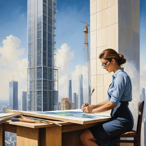 Prompt: painting of a woman working as an architect designing a skyscraper, 