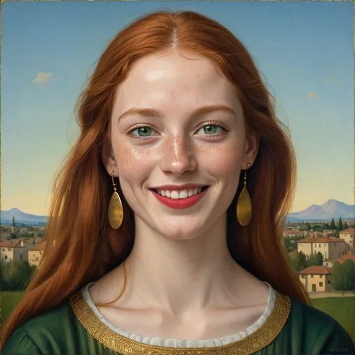 Prompt: a half-length portrait painting  of 27 year-old woman cover with dark freckle green eyes  long ginger hair red lipstick  on a smile on her face, "happy-face-gold-earrings",  T-shirt, with a green background and a blue sky, Fra Bartolomeo, academic art, renaissance oil painting, a painting in the style of  Mona Lisa