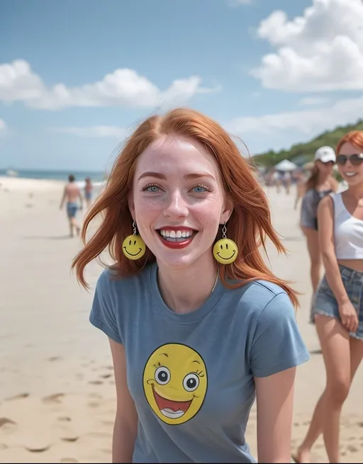 Prompt: a woman with red hair and a smile on her face wearing yellow earrings and a t - shirt with a smiley face, Ella Guru, optical illusion, hyper realistic face, a stock photo