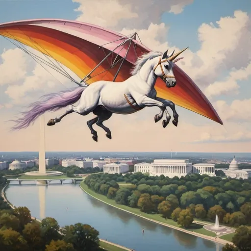 Prompt: a  unicorn,  flying over washington DC on hang glider, 1970s oil painting,

