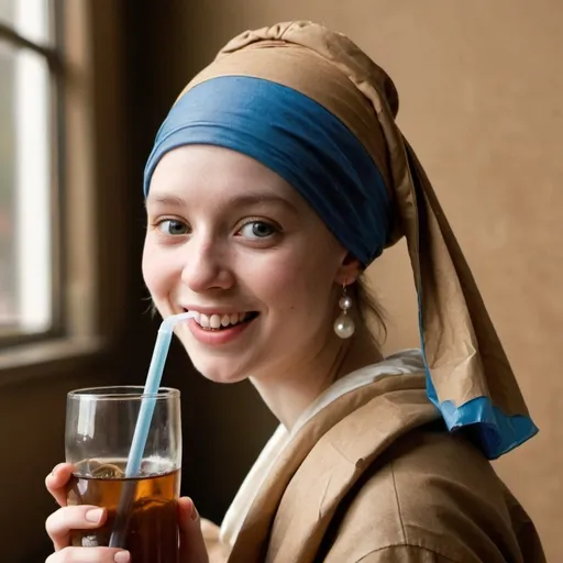 Prompt: the girl with the pearl earring smiling while drinking through a straw stuck in an open glass bottle that is wrap in a brown paper.