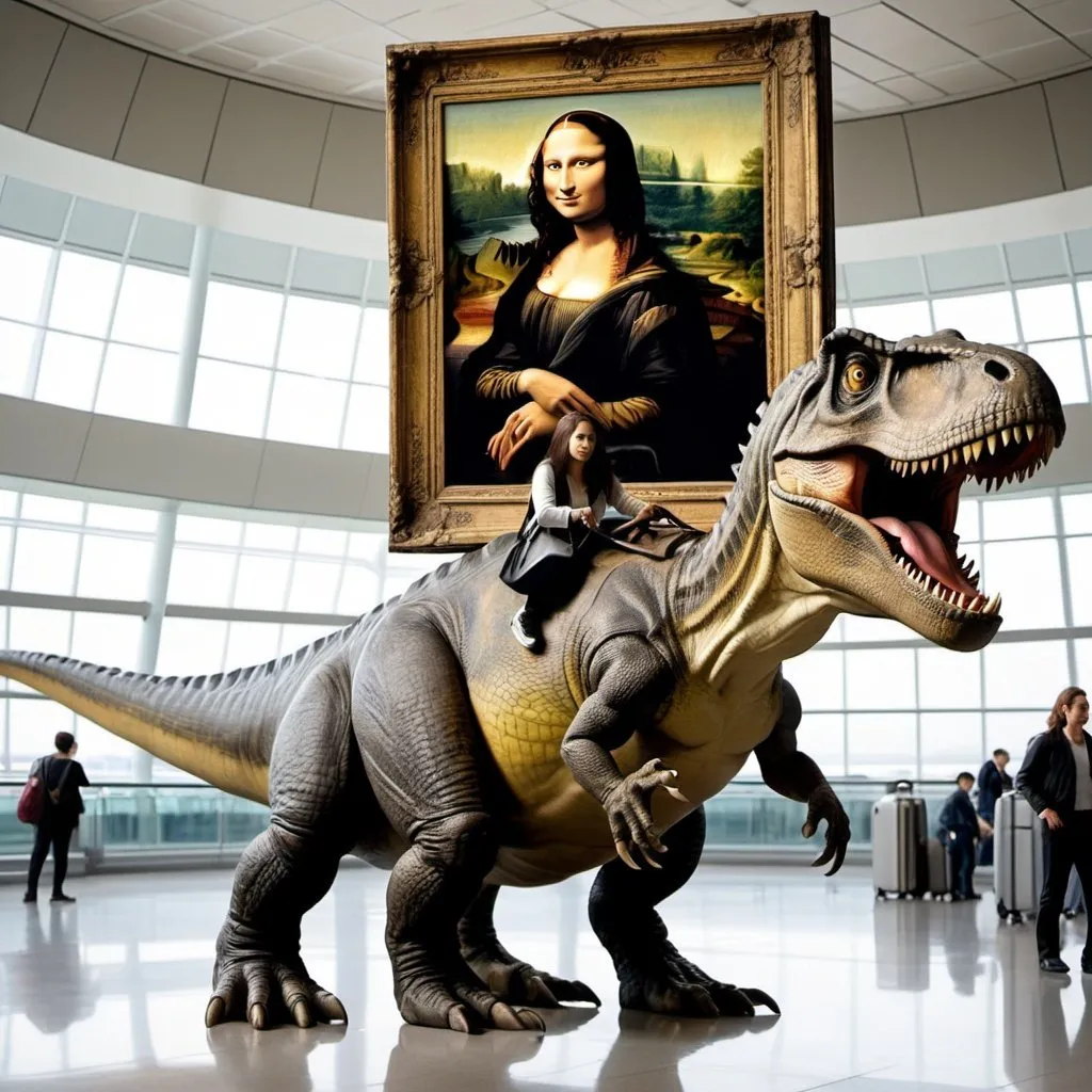 Prompt: Mona Lisa  riding a tyrannosaurus in  an airport
