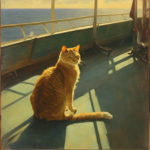 Prompt: <mymodel>A cat that is sitting  on a ferry. 
, wide angle view, full depth of field, beautiful, high resolution, golden hour lighting,