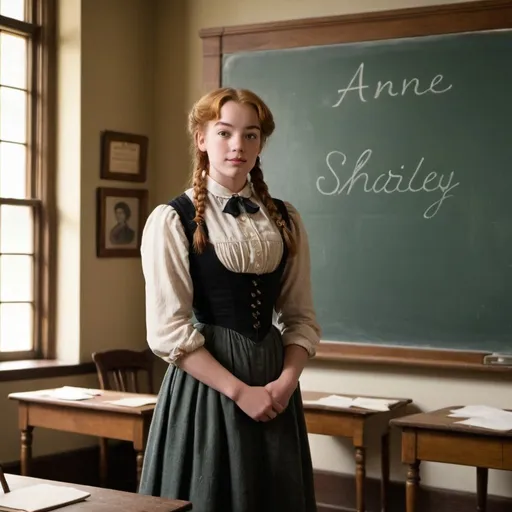 Prompt: Anne Shirley(by L. M. Montgomery) is standing in the class room teaching  a class at Kingsport Ladies' College,  classroom setting with "Anne Shirley" written on the chalkboard,  nostalgic, antique, 1900s, historical, vintage, moody lighting