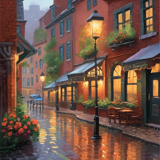 Prompt: <mymodel> **Art Prompt: Rainy Day Serenity**

Imagine a cozy, timeless street in a quaint town, where the cobblestones glisten under the soft patter of rain. Umbrellas in vibrant hues dot the scene, sheltering pedestrians as they stroll past charming shops and cafes with warm, inviting lights. A gentle mist rises, blurring the edges of the old brick buildings, giving the entire scene a dreamy, ethereal quality. In the foreground, a little girl in a bright yellow raincoat and matching boots splashes in a puddle, her face lit with pure joy. The sky, a palette of grays and silvers, looms overhead, its clouds heavy with promise. Capture the delicate interplay of light and shadow, the reflections in the water, and the serene ambiance that turns a rainy day into a canvas of tranquility and wonder.