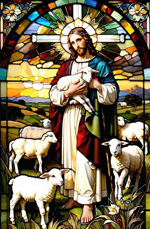 Prompt: a painting of jesus holding a lamb in a field of sheep with the sun setting behind him and a shepherd standing in the grass, Carl Heinrich Bloch, gothic art, bouguereau, a cross stitch