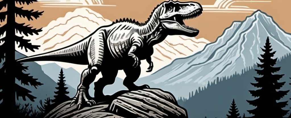 Prompt: A linocut of a proud and majestic tyrannosaurus is standing on a rock in the wilderness with mountains and trees in the background, neo-primitivism, detailed illustration, a woodcut

